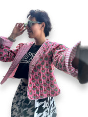 Cotton Quilted Short Jacket Pink Butta reversible Jacket Crop top Lightweight coat Summer Jacket